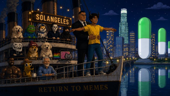 A digital illustration of a "SOLANGELES" ship labeled "RETURN TO MEMES" sailing toward a nighttime skyline, with two figures striking a Titanic pose at the bow alongside various meme characters. The image playfully personifies Solana as a meme-filled city, echoing the morning greeting to the Solana crypto community.