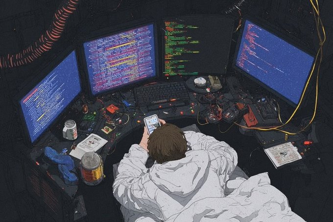 An anime-style illustration depicts a person sitting in bed, wrapped in a blanket, using a smartphone while surrounded by multiple monitors displaying colorful code.