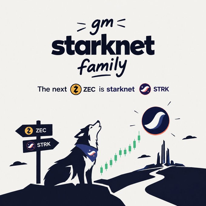 A 'gm starknet family' graphic featuring a howling husky at a crossroads sign pointing to ZEC and STRK, with text stating 'The next ZEC is starknet' alongside the STRK logo.