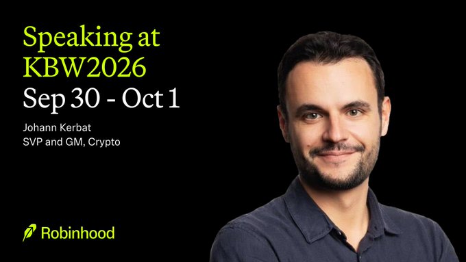 The image is a promotional graphic featuring Johann Kerbat, SVP and GM of Crypto at Robinhood, announcing his speaking appearance at KBW2026 (Sep 30 – Oct 1). It complements the post "See you at KBW" by visually confirming the speaker details and Robinhood branding for the upcoming Korea Blockchain Week event.