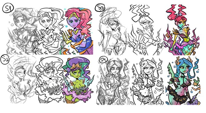 Four character design concept sketches (labeled S1-S4) show mermaid-like figures progressing from rough pencil drawings on the left to fully colored illustrations on the right, featuring varied hair colors and aquatic accessories.