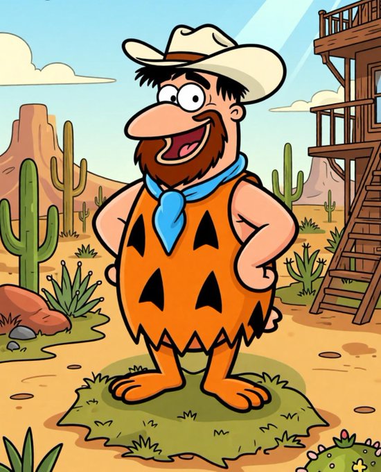 A cartoon illustration of a bearded man wearing a cowboy hat, blue bandana, and orange leopard-print caveman outfit standing in a desert landscape with cacti and a wooden building.