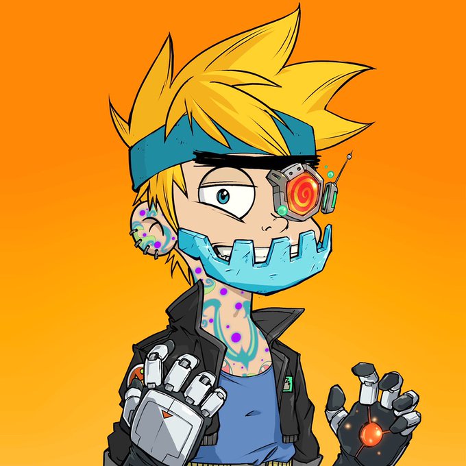A digital illustration of an anime-style character with spiky yellow hair, a blue headband, a mechanical eye implant, a futuristic metallic jaw guard, and cybernetic hands, set against an orange background.