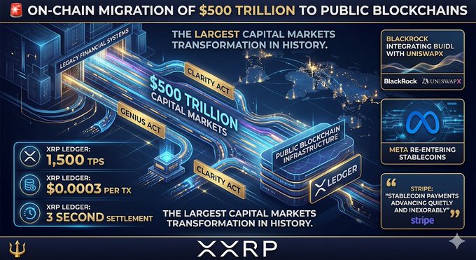 "ON CHAIN MIGRATION OF $500 TRILLION TO PUBLIC BLOCKCHAINS like XRP XRP LEDGER, INCOME ACT, CLARITY ACT, AND STABLECOIN paydays advancing quietly."