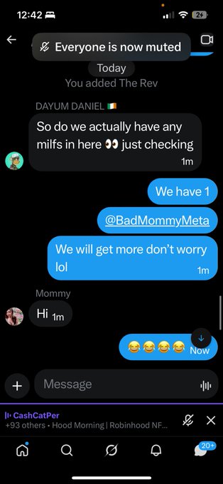 A screenshot of an Instagram group chat titled 'CashCatPer' where a user named DAYUM DANIEL asks about 'milfs in here 👀' and another replies 'We have 1 @BadMommyMeta'.
