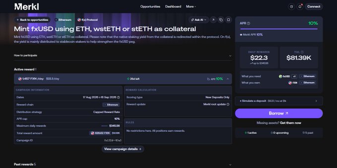 Merkl DeFi platform interface showing a campaign to 'Mint fxUSD using ETH, wstETH or stETH as collateral' on Ethereum protocol, with APR at 10%, reward rate of $22.33, and total $81.39K earnings.