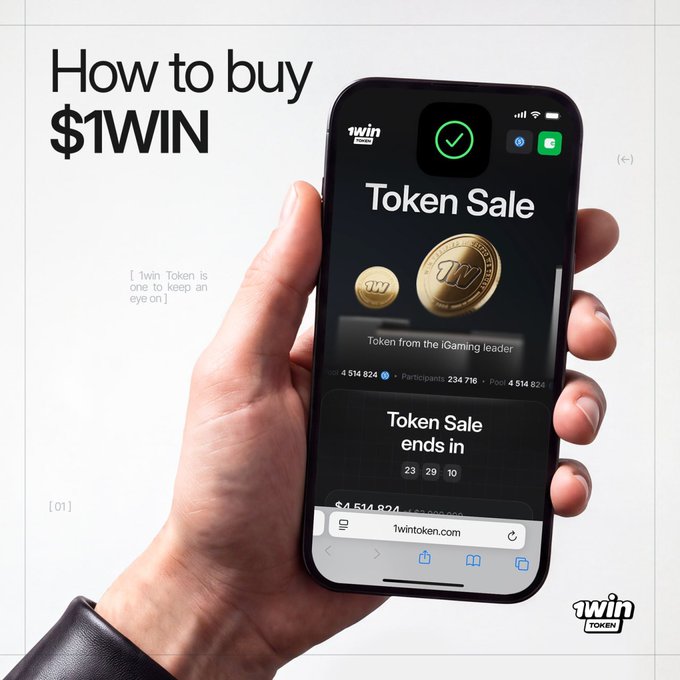 A promotional graphic showing a hand holding a phone displaying a token sale page for '1WIN Token' with the text 'How to buy $1WIN'.