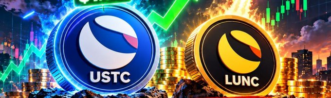 A digital graphic showing two cryptocurrency coins labeled 'USTC' (blue) and 'LUNC' (gold/yellow) against a backdrop of financial charts and a sunset cityscape.