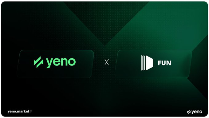 A promotional graphic with a dark green background showing the logos for 'yeno' and 'FUN' separated by an 'x', with 'yeno.market' in the corner.