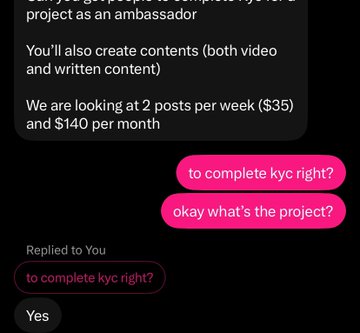 A text conversation showing an offer to be an ambassador, requesting 2 posts per week at $35 each ($140 per month), with the user confirming completion of KYC. The screenshot relates to the announcement of becoming an official ambassador for @NummusWallet.