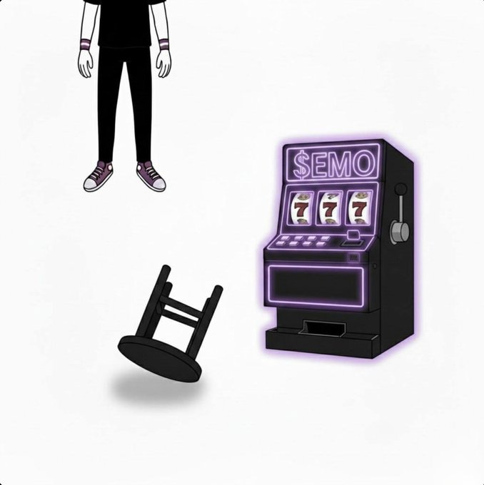 An illustration featuring the lower half of a figure in black clothing and sneakers next to an upside-down chair and a slot machine labeled "$EMO" with sevens on the reels.