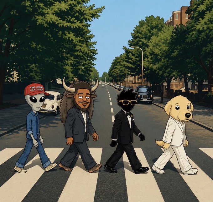 Four cartoon figures—an alien in a "Make Aliens Great Again" red cap, a bull in a suit, a cat in a tuxedo with sunglasses, and a dog in a white suit—cross a zebra-striped street in an Abbey Road parody, echoing the "Solana summer" meme with $MANIFEST ticker as a crypto-themed twist on the iconic Beatles album cover.