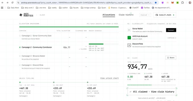 An AXIS ROBOTICS allocations page shows “Social Wallet” and “AXIS Hub Account,” with a displayed balance of 934.77 AXIS.