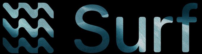 A logo for 'Surf' featuring a stylized 'm' symbol made of wave shapes in teal gradient on a black background.