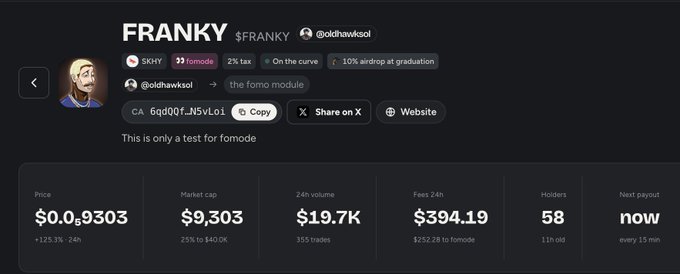 A digital dashboard displaying 'FRANKY $FRANKY' as a memecoin token with social handles '@oldhawksol' and 'the fomo module', showing a price of $0.0₅9303 and market cap of $9,303.