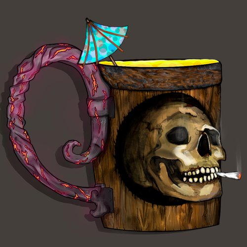 A digitally illustrated tiki-style mug carved from wood with a skull face, featuring a tentacle handle, a cocktail umbrella, and a lit cigarette resting in its mouth.