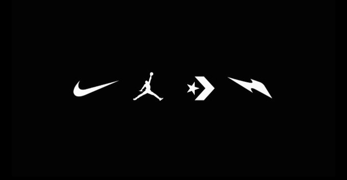 Four white athletic brand logos (Nike, Jordan, Converse, and an unidentified lightning bolt logo) displayed in a horizontal row on a black background.
