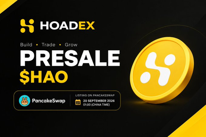 A promotional banner for HOADEX ($HAO) token presale, listing on PancakeSwap on 20 September 2026 at 01:00 China Time, with the tagline 'Build • Trade • Grow'.
