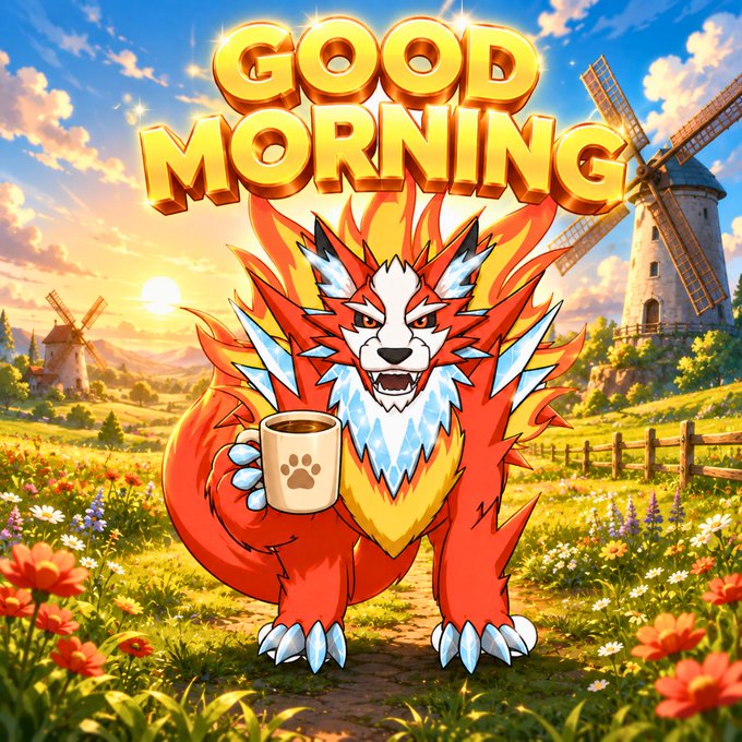 A vibrant illustration features a fiery red and white wolf-like creature holding a mug with a paw print, standing in a sunny meadow with windmills, beneath bold yellow 'GOOD MORNING' text.