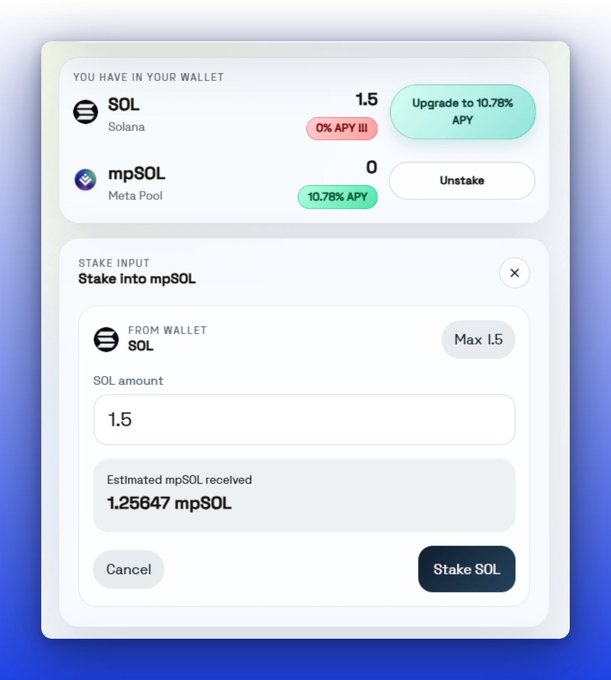A Solana wallet interface showing 1.5 SOL with options to upgrade to 10.78% APY or unstake, and a stake input panel for converting 1.5 SOL into approximately 1.25647 mpSOL.