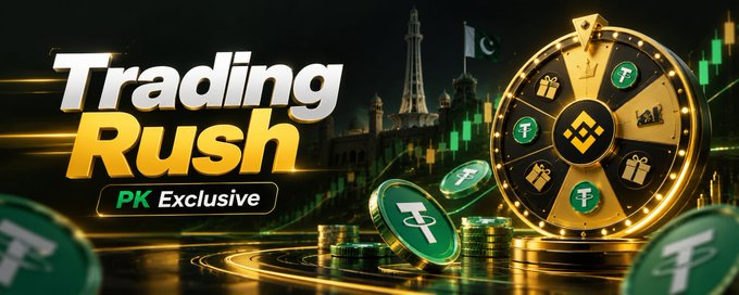 A promotional banner for 'Trading Rush' labeled 'PK Exclusive' features a fortune wheel with Binance and Tether logos, gold coins, and a green trading chart background with a Pakistani flag.