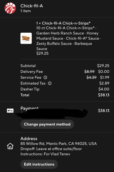A DoorDash receipt from Chick-fil-A shows a $38.13 order of a 10-count Chick-n-Strips meal delivered to "Vlad Tenev" at 85 Willow Rd, Menlo Park—a playful jab sending "tendies" (crypto slang for profits) to the Robinhood Crypto team via their CEO's address.