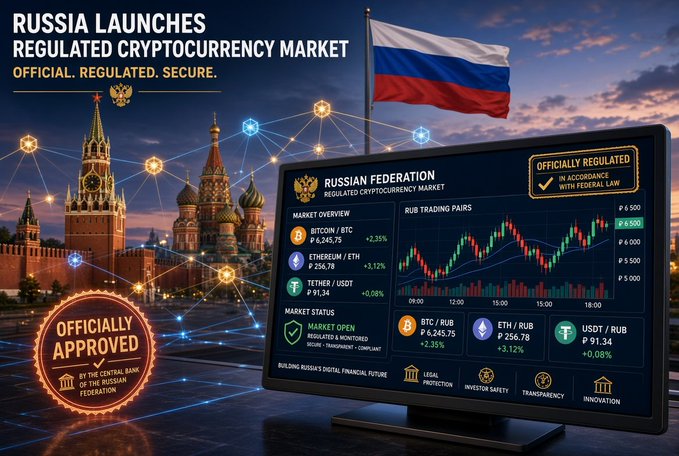 A promotional poster declaring 'RUSSIA LAUNCHES REGULATED CRYPTOCURRENCY MARKET' with 'OFFICIAL. REGULATED. SECURE.' text, featuring the Russian flag, Moscow landmarks, and a monitor displaying live BTC, ETH, and TETHER trading pairs in RUB.