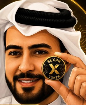 A smiling man in traditional Arab headdress holds up a gold "SEXPR X TOKEN" coin in a promotional-style image. The token branding appears to be used to lend legitimacy to a crowdfunding post on SidraStart, where the image's polished, finance-oriented aesthetic is meant to appeal to potential startup funders.