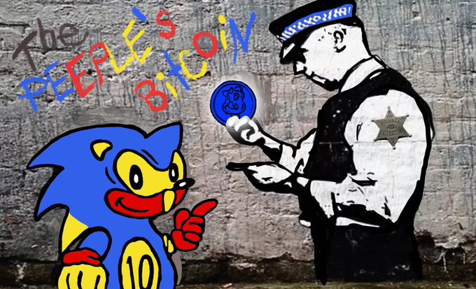 A graffiti-style artwork with the text 'the BEAST'S BITCOIN' showing Sonic pointing at a police officer stencil who is holding a blue Bitcoin coin medallion.