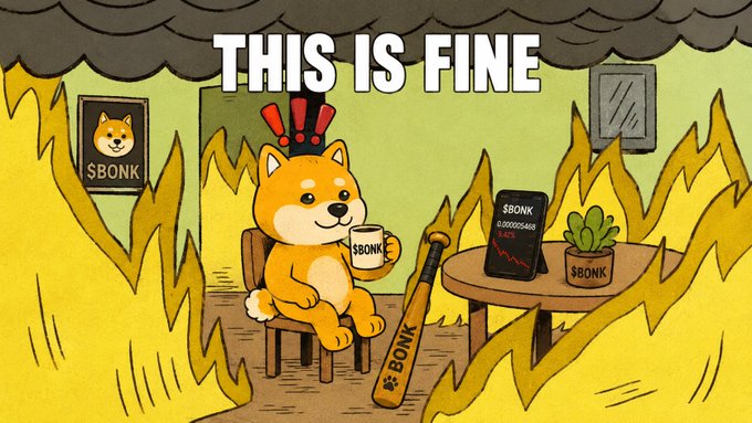 A 'This Is Fine' style meme featuring a Shiba Inu dog sitting calmly with coffee and a bat, surrounded by fire, with $BONK branding throughout.