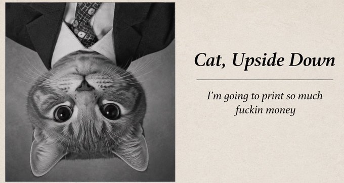 A black-and-white photo shows a cat photographed upside down, wearing a suit and patterned tie, paired with the title "Cat, Upside Down" and the caption "I'm going to print so much fuckin money." The post links this whimsical "flipped cat" image to a bullish call on $USDC, positioning the inverted feline as a visual metaphor for finding the market bottom and anticipating the next leg up for the upside-down cabal.