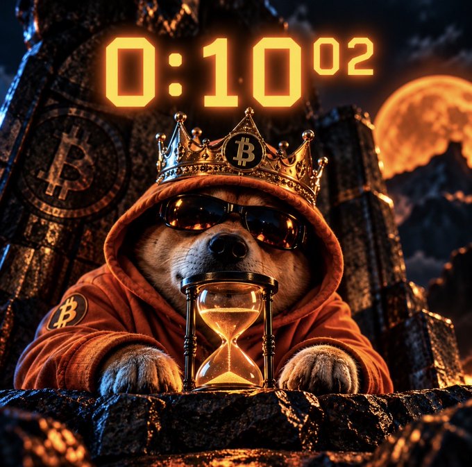 A stylized image of a Shiba Inu dog wearing a Bitcoin-emblazoned crown, sunglasses, and a red hoodie, sitting behind an hourglass with a countdown timer reading '0:10:02' above it.