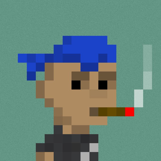 A pixel art illustration depicts a character with blue hair, brown skin, and a red-tipped cigar in their mouth, accompanied by smoke rising beside it. The image relates to the post about joining the "Bandana" community and supporting Jed and Lyss, with the character's cigar possibly symbolizing the "blunt" referenced in the caption.