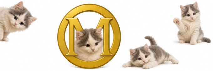 Four adorable gray and white kittens surround a large golden "M" coin, with one kitten peeking through the center of the letter, playfully connecting the cuteness of the cats to the "MICHI" meme token mentioned in the post.