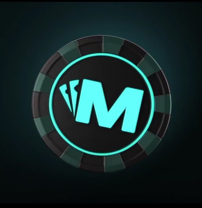 A 3D-rendered logo featuring a stylized cyan letter "W" resembling playing cards inside a dark poker chip with cyan accents, set against a black background.
