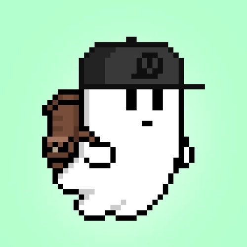 A pixelated ghost-like character wearing a backwards baseball cap and carrying a brown baseball glove, set against a mint green background. The "nu" text on the cap likely references NuCypher, tying into the post's hype for the upcoming NFT season in the crypto space.