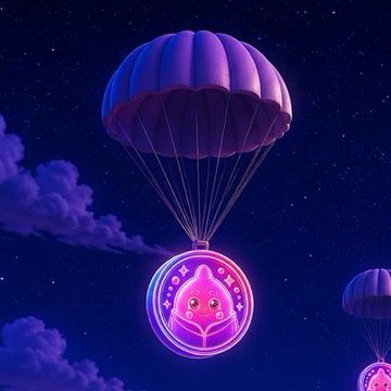 A neon-lit illustration shows a pink cat character descending with a purple and pink parachute against a starry night sky, with a second parachute visible in the distance. The image visually represents the "airdrop" concept mentioned in the post, as the cat literally floats down from the sky while promoting the Sleepagotchi $SLEEP token airdrop registration at hub.sleepagotchi.com/loyalty.