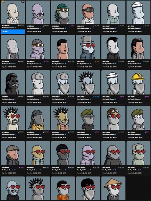 A grid display of NFT avatars from the 'NoFuds' collection showing various stylized cartoon character portraits with different accessories like hats, glasses, and heart-eyes, each displaying a price of around 0.015 ETH.