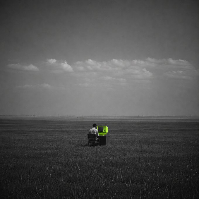 A solitary figure sits at a vintage green-cased computer in a vast empty field beneath a cloudy sky, symbolizing the lonely, isolated pursuit of intense eBay "max bidding."