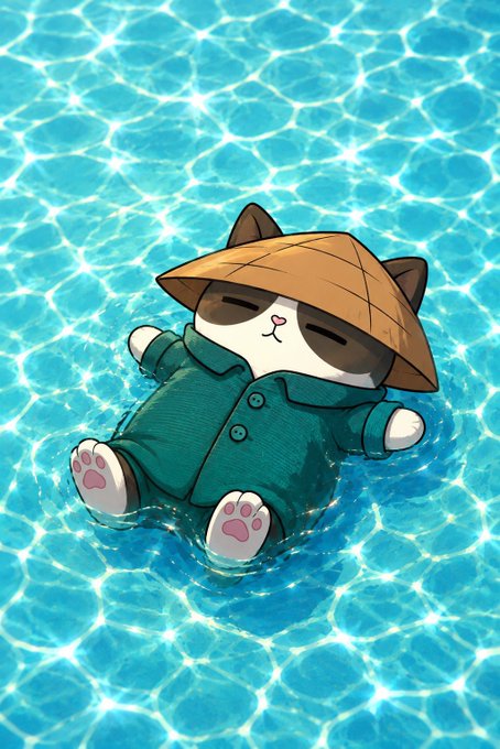A cute illustrated cat wearing a conical straw hat and teal jacket floats peacefully on the shimmering blue surface of a swimming pool, perfectly capturing the relaxed "Good Morning WEB3, Happy Taco Tuesday!" vibe of leisurely summer vibes.