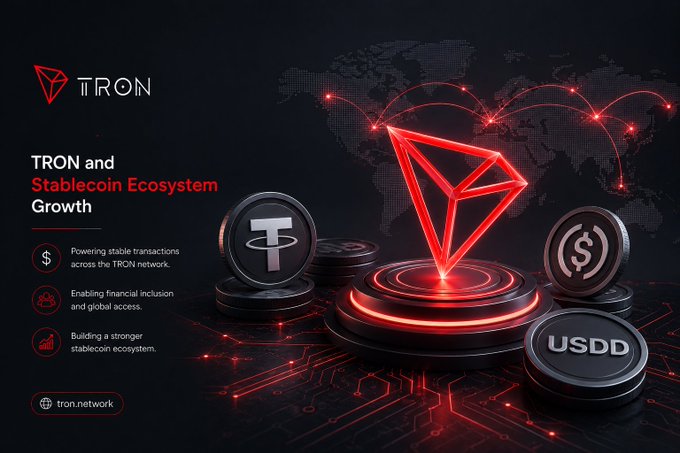 A promotional graphic for the TRON and Stablecoin Ecosystem Growth, featuring the red TRON logo, coins labeled "T" (USDT) and "USDD", and text highlighting financial inclusion and global access on tron.network.
