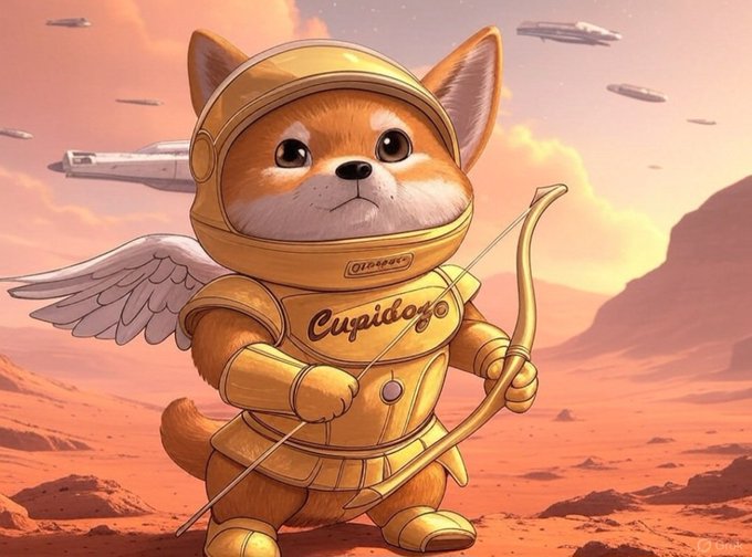 Digital illustration of an adorable Corgi dog dressed in golden armor with wings, holding a bow and arrow, labeled 'Cupido', set against a Martian landscape with spaceships.