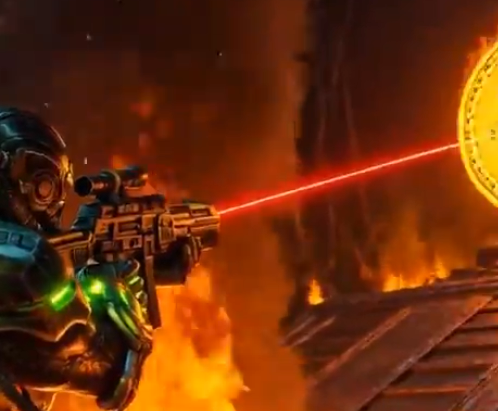 A soldier in futuristic armor fires a red laser beam from a high-tech rifle amid a fiery, war-torn battlefield, with a glowing yellow disc visible in the corner. The intense, combative imagery evokes the determination and defensive stance behind the author's choice to avoid inflammatory "moon shot" or "crash" language, focusing instead on measured personal analysis rather than provocative predictions.