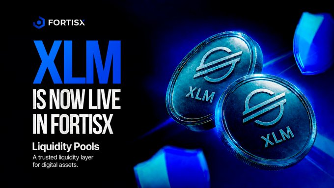The image features a blue background with two coins labeled "XLM" written on them. The text above the coins reads "XLM is now live in FortisX Liquidity Pools", indicating that these digital assets are available for purchase through FortisX's Liquidity Pool service.