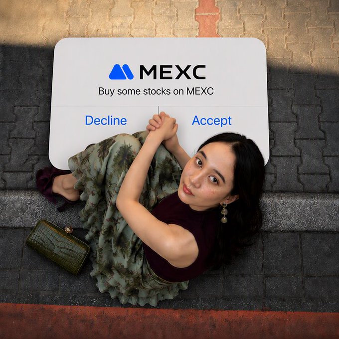 A woman in a patterned dress lies on pavement beneath a floating dialog box reading 'MEXC - Buy some stocks on MEXC' with 'Decline' and 'Accept' options.
