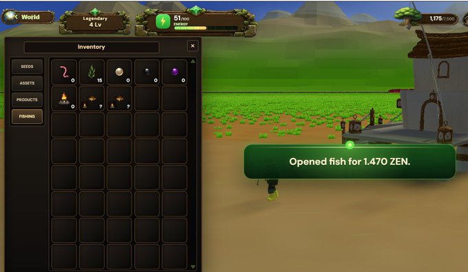 A player has opened a fish for 1,470 ZEN in the GreenWorldBase game, with the inventory panel showing 2 fishing items and the current balance at 1,175/1,500 ZEN.