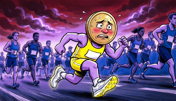 The image depicts a cartoon coin character with a panicked face, sweating profusely while running in a marathon alongside other athletes, set against a stormy purple sky. This visual metaphor of a distressed coin struggling to keep pace reflects the post's theme of market anxiety following the failure of the CLARITY Act and concerns about the upcoming September 16 Fed meeting potentially driving markets further down.