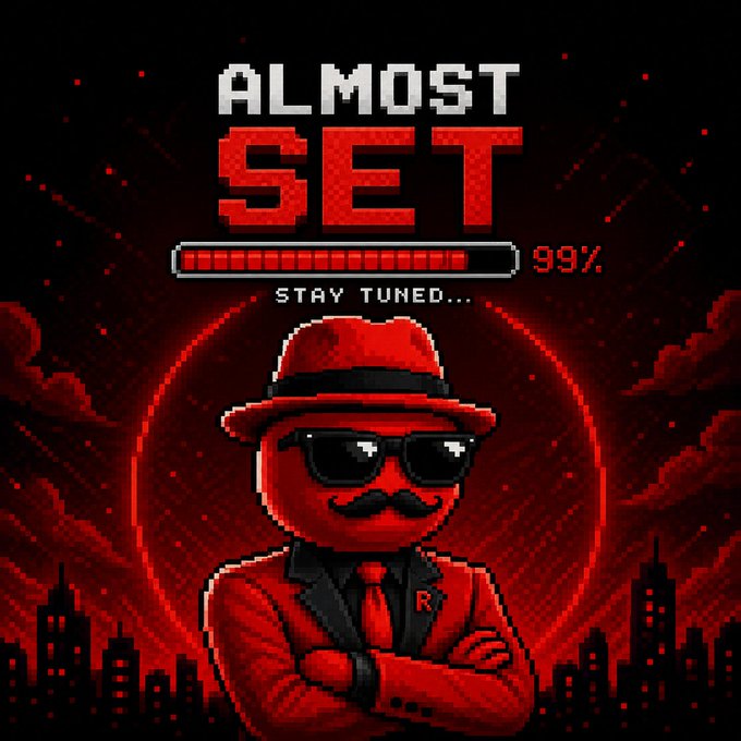 A pixel-art graphic features a red-suited figure with sunglasses, hat, and mustache against a dark cityscape, with bold text reading "ALMOST SET," "STAY TUNED...," and a progress bar showing "99%." The nearly-complete loading bar reinforces the post's message by building anticipation and signaling that an exclusive opportunity for early supporters is about to launch.