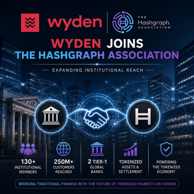 A promotional graphic announces 'WYDEN JOINS THE HASHGRAPH ASSOCIATION' with the tagline 'EXPANDING INSTITUTIONAL REACH', highlighting stats like '130+ INSTITUTIONAL MEMBERS' and '250M+ CUSTOMERS REACHED'.