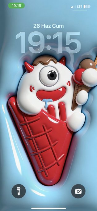 A phone lock screen displays the time "19:15" and date "26 Haz Cum" (Friday, June 26) against a vibrant 3D cartoon wallpaper of a one-eyed monster holding an ice cream cone atop a red popsicle. The whimsical, colorful design fits the playful tone of the post celebrating a fun TRON Global Friends (#TGF) wallpaper from @TronDao_Turkish.